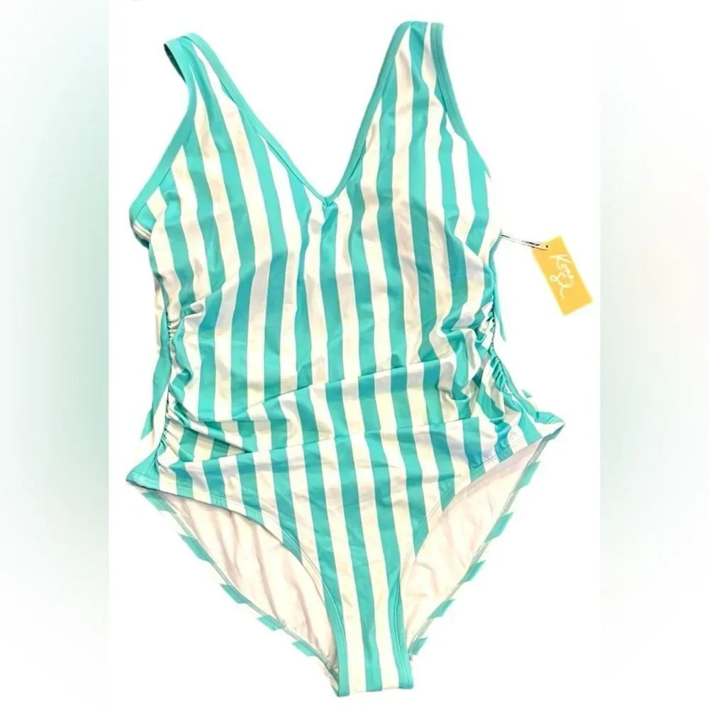NWT Kona Sol Aqua and White Striped One Piece Swimsuit
